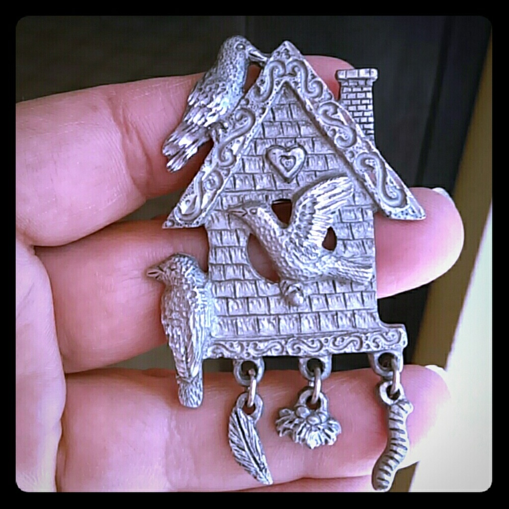 Vintage Spooniques Pewter Birdhouse Brooch